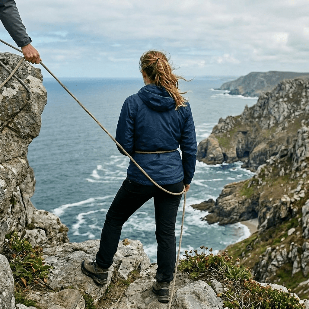 Person in outdoor gear secured with climbing rope standing on rocky cliff overlooking ocean